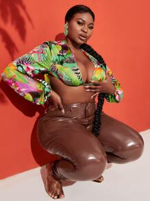 SHEIN SXY Plus Plunge Tropical Print Tie Back Top - Multicolor - View 4