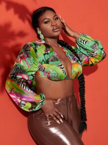 SHEIN SXY Plus Plunge Tropical Print Tie Back Top - Multicolor - View 5