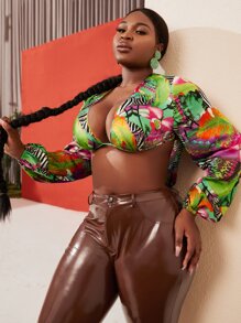 SHEIN SXY Plus Plunge Tropical Print Tie Back Top - Multicolor - View 8