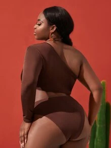 Slaydiva Plus One Shoulder O-ring Detail Bodysuit - Chocolate Brown - View 2