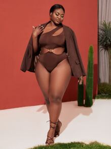 Slaydiva Plus One Shoulder O-ring Detail Bodysuit - Chocolate Brown - View 3