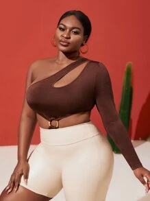 Slaydiva Plus One Shoulder O-ring Detail Bodysuit - Chocolate Brown - View 4