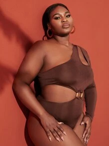 Slaydiva Plus One Shoulder O-ring Detail Bodysuit - Chocolate Brown - View 5