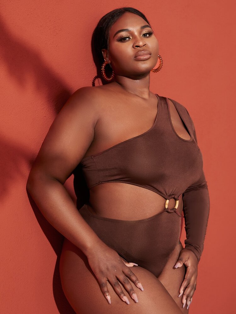 Slaydiva Plus One Shoulder O-ring Detail Bodysuit - Chocolate Brown - View 5