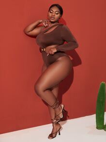 Slaydiva Plus One Shoulder O-ring Detail Bodysuit - Chocolate Brown - View 6