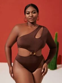 Slaydiva Plus One Shoulder O-ring Detail Bodysuit - Chocolate Brown - View 8