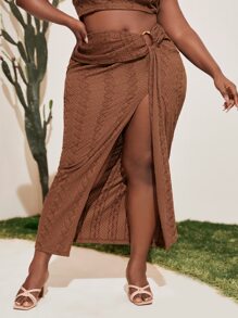 Slaydiva 大碼O形環細節垂墜高衩半身裙 - 咖啡棕 - 查看 1