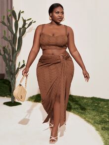 Slaydiva 大碼O形環細節垂墜高衩半身裙 - 咖啡棕 - 查看 2