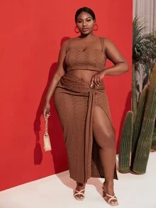 Slaydiva 大碼O形環細節垂墜高衩半身裙 - 咖啡棕 - 查看 3