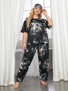 Plus Floral Print Pajama Set With Eye Cover - Black - View 2