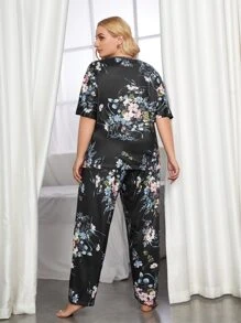 Plus Floral Print Pajama Set With Eye Cover - Black - View 3