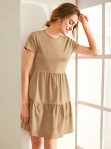 SHEIN LUNE Flounce Hem Solid Dress - Khaki - View 5