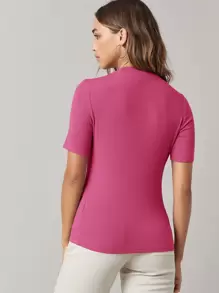 SHEIN BASICS Mock Neck Solid Rib-knit Tee - Pink - View 3