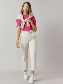 SHEIN BASICS Mock Neck Solid Rib-knit Tee - Pink - View 5