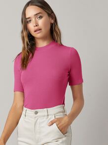 SHEIN BASICS Mock Neck Solid Rib-knit Tee - Pink - View 6