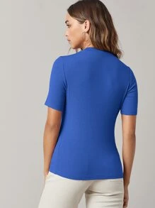 SHEIN BASICS 小高領素色羅紋針織T恤 - 寶藍色 - 查看 2