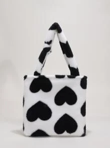 毛絨、柔軟、毛絨、蓬鬆蓬鬆心形圖案單肩手提包適合女孩、女士、大學生、菜鳥和白領上班、辦公室、通勤、秋冬、暖冬、戶外 - 黑與白 - 查看 6