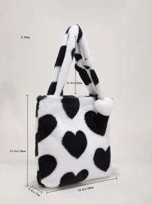 毛絨、柔軟、毛絨、蓬鬆蓬鬆心形圖案單肩手提包適合女孩、女士、大學生、菜鳥和白領上班、辦公室、通勤、秋冬、暖冬、戶外 - 黑與白 - 查看 7