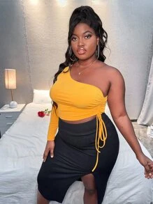 Slaydiva Áo thun Plus size Dây kéo Thắt nút Gân đan màu trơn Gợi cảm - Màu vàng - Xem 1