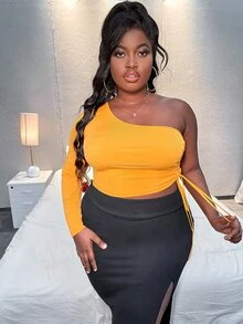 Slaydiva Áo thun Plus size Dây kéo Thắt nút Gân đan màu trơn Gợi cảm - Màu vàng - Xem 5