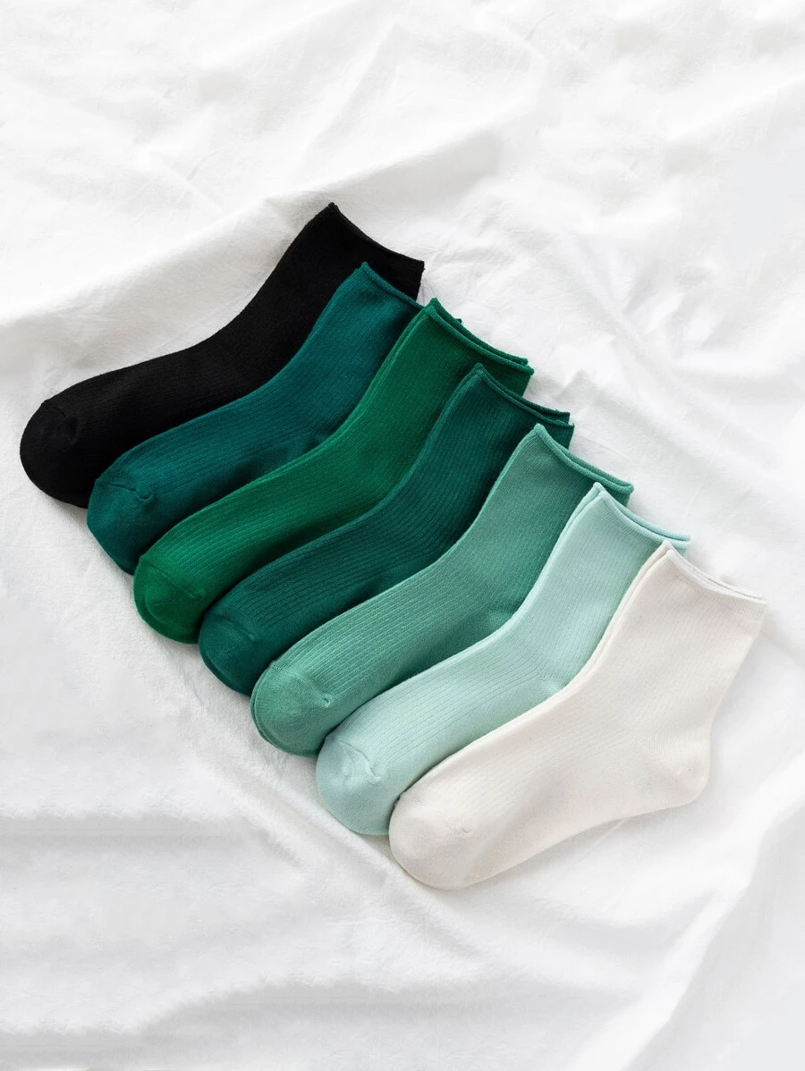 7pairs Solid Crew Socks - Multicolor - View 1