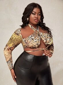 Slaydiva Plus Crisscross Tie Back Crop Top - Multicolor - View 1