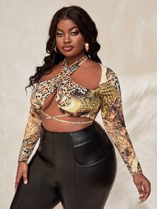 Slaydiva Plus Crisscross Tie Back Crop Top - Multicolor - View 4