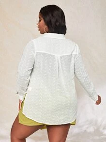 Slaydiva 大碼翻領開衩側網眼刺繡襯衫 - 白色 - 查看 2