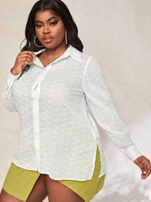 Slaydiva 大碼翻領開衩側網眼刺繡襯衫 - 白色 - 查看 3