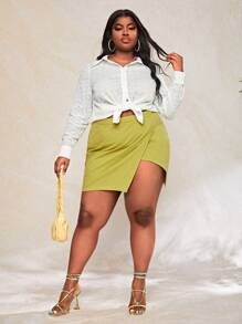 Slaydiva 大碼翻領開衩側網眼刺繡襯衫 - 白色 - 查看 5