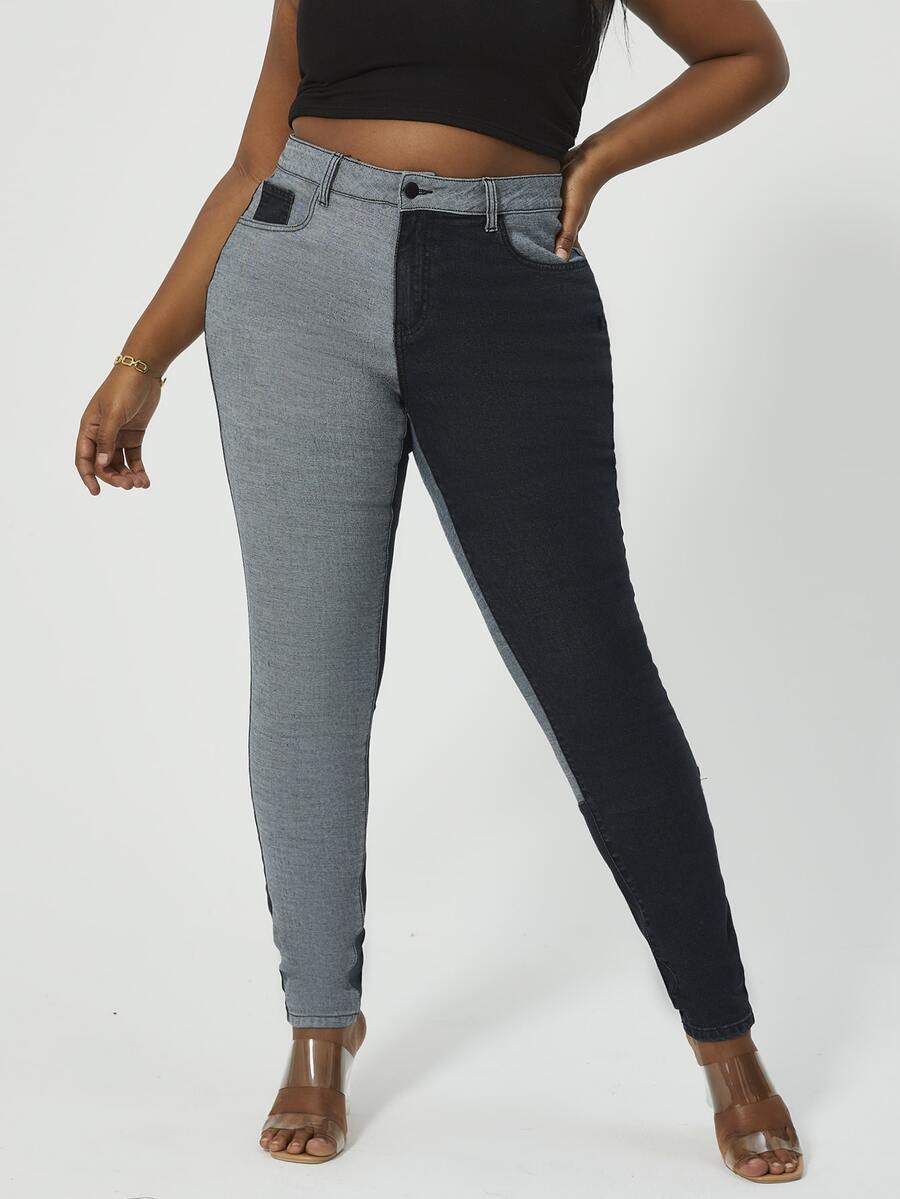 SHEIN SXY 大碼撞色緊身牛仔褲 - 彩色 - 查看 1