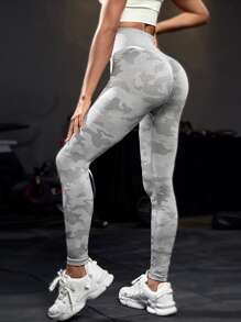 Yoga Trendy Camo Print Yoga Leggings Seamless High Stretch Tummy Control Gym Leggings - Grey - View 2
