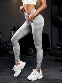 Yoga Trendy Camo Print Yoga Leggings Seamless High Stretch Tummy Control Gym Leggings - Grey - View 3