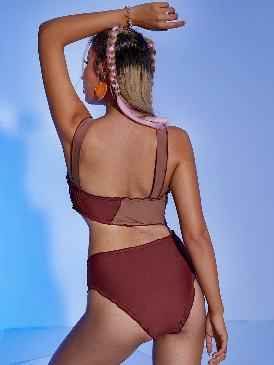 Color Block Lettuce Trim Cut Out One-Piece Swimsuit Bathing Suit For Summer Beach