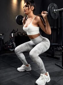 Yoga Trendy Camo Print Yoga Leggings Seamless High Stretch Tummy Control Gym Leggings - Grey - View 6