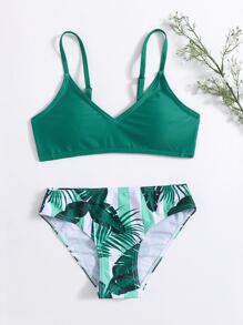 Tween Girl Tropical Print Bikini Set Summer Beach - Green - View 1
