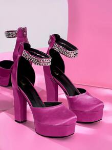 緞面鏈條防水台踝帶粗高跟鞋 - 玫紅色 - 查看 1