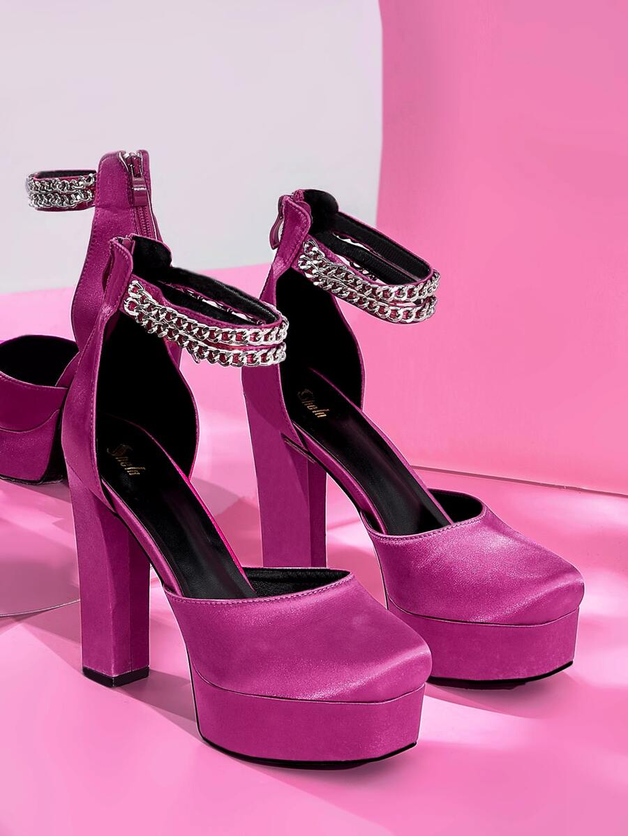 緞面鏈條防水台踝帶粗高跟鞋 - 玫紅色 - 查看 1