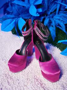 緞面鏈條防水台踝帶粗高跟鞋 - 玫紅色 - 查看 4