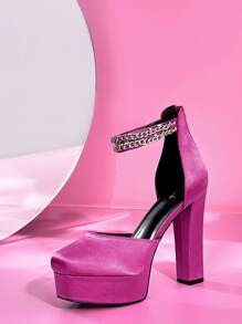 緞面鏈條防水台踝帶粗高跟鞋 - 玫紅色 - 查看 5