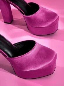 緞面鏈條防水台踝帶粗高跟鞋 - 玫紅色 - 查看 6