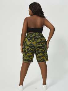 Quần short denim oversized Dây kéo Túi Hem thô Ngụy trang Giải trí - Nhiều màu - Xem 2