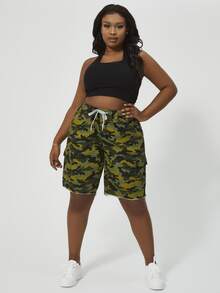 Quần short denim oversized Dây kéo Túi Hem thô Ngụy trang Giải trí - Nhiều màu - Xem 4