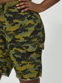 Quần short denim oversized Dây kéo Túi Hem thô Ngụy trang Giải trí - Nhiều màu - Xem 6