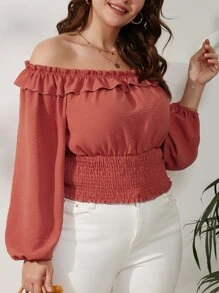 大碼一字肩荷葉邊燈籠袖打褶襯衫 - 乾枯玫瑰色 - 查看 1