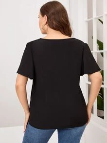 Plus Contrast Lace Cut Out Flutter Sleeve Blouse - Black - View 2
