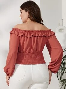 大碼一字肩荷葉邊燈籠袖打褶襯衫 - 乾枯玫瑰色 - 查看 2