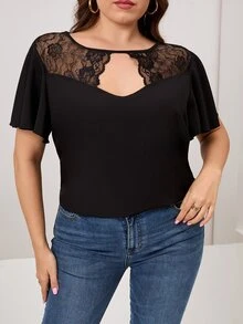 Plus Contrast Lace Cut Out Flutter Sleeve Blouse - Black - View 3