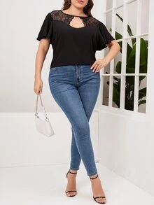 Plus Contrast Lace Cut Out Flutter Sleeve Blouse - Black - View 4
