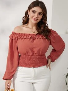 大碼一字肩荷葉邊燈籠袖打褶襯衫 - 乾枯玫瑰色 - 查看 4